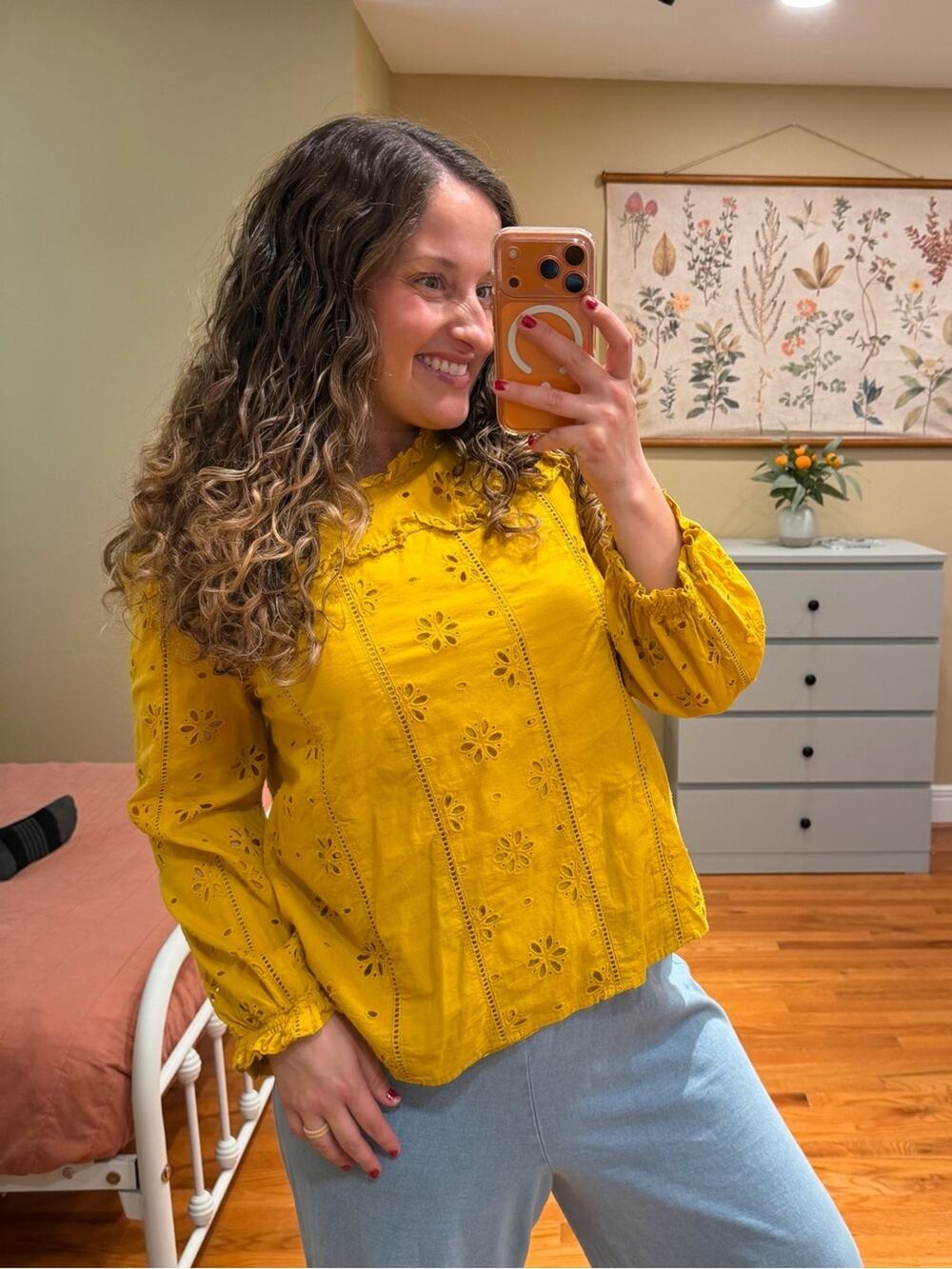 J. Crew Mustard Yellow Eyelet Long-Sleeve Women's Top Cotton Medium